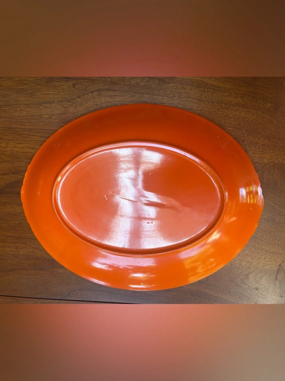Vintage late ‘30s Paden City Pottery Caliente platter in orange, 14”.
